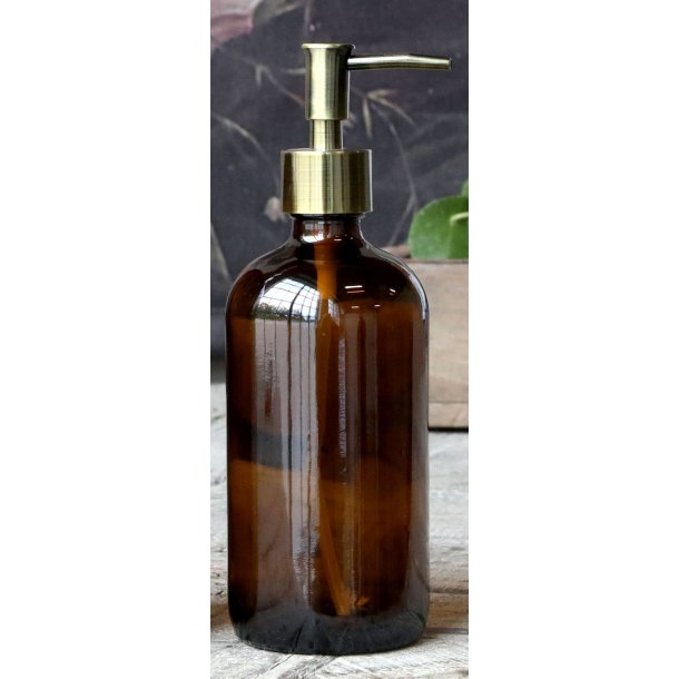 Apoteker flasker/dispenser i brun mocca farve med 2 pumper i 2 strrelser 1000 ml. og 480 ml. Flaske lille:480 ml.